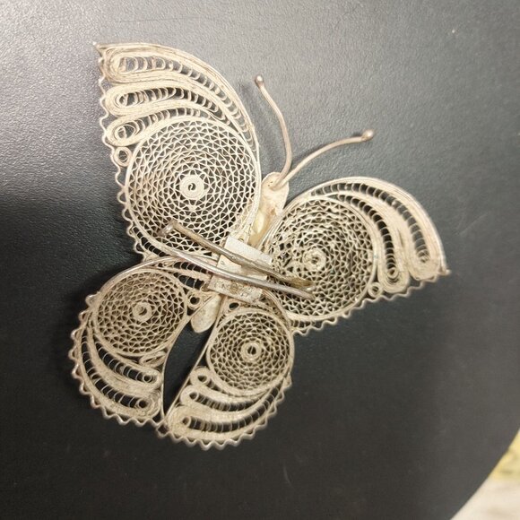 Mexican 925 Silver Fine Filigree Butterfly Vintage Brooch Pin - Picture 5 of 14